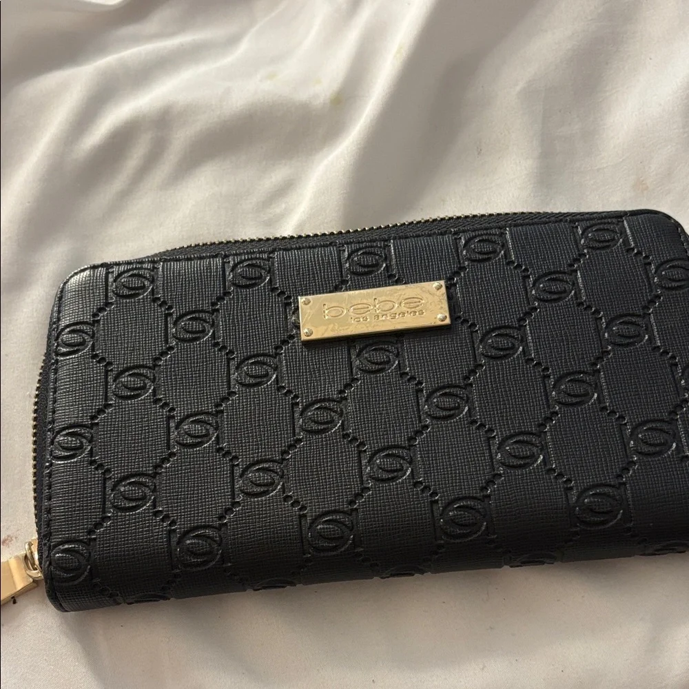 Bebe Black Embossed Wallet with Gold Accent